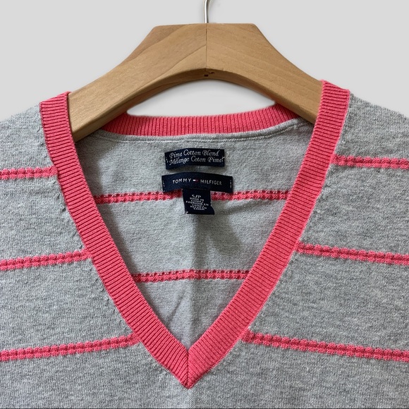 Tommy Hilfiger V-Neck Striped Sweater - Grey/Pink - Picture 2 of 4